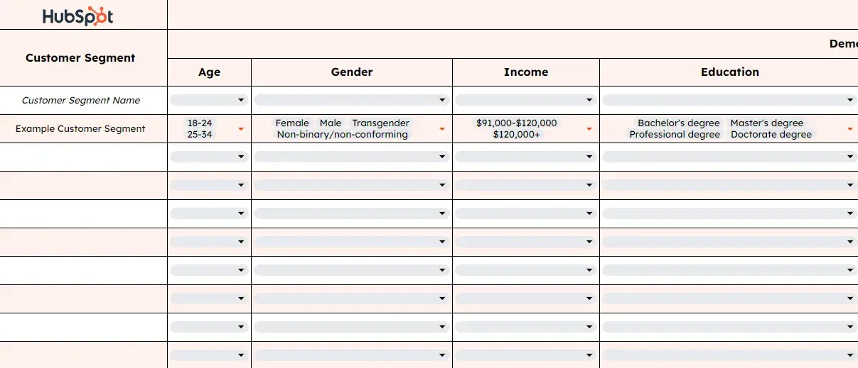 page from hubspot’s customer segmentation templates download