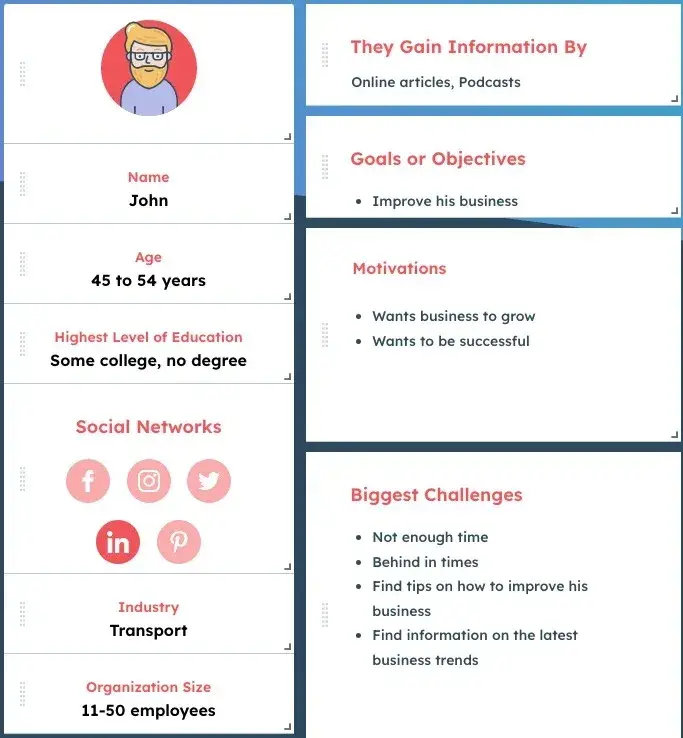 buyer persona example profile with sections for goals or objectives, motivations, challenges, and other demographics, customer profiling