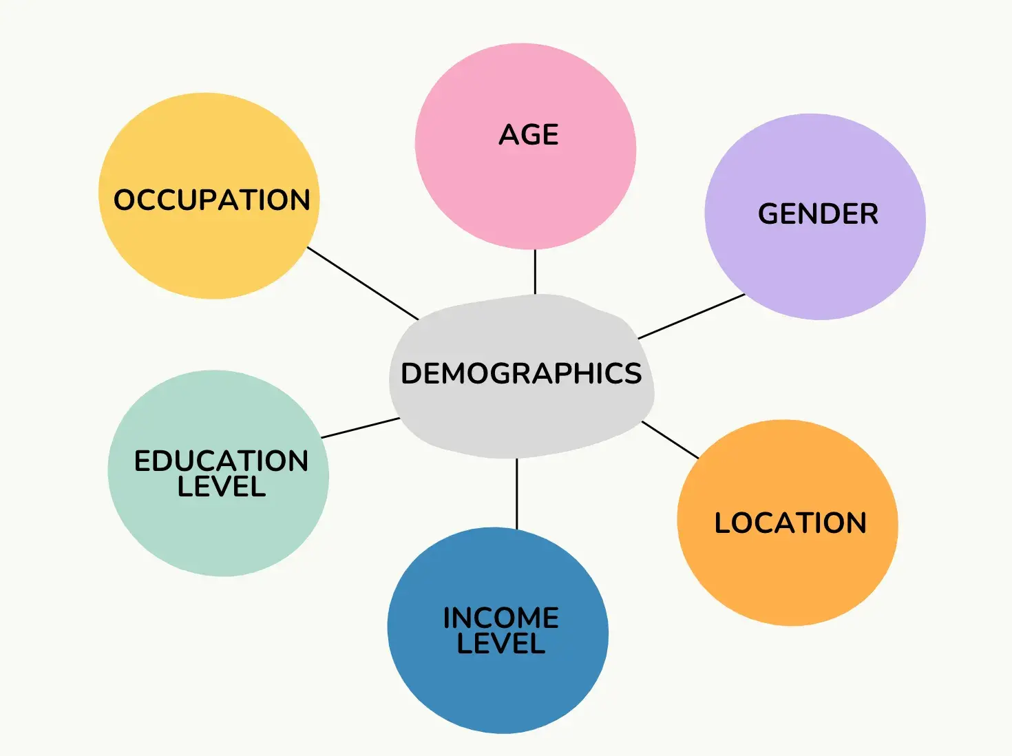 infographic of demographics categories including age, gender, occupation, education level, income level, and location, customer profiling