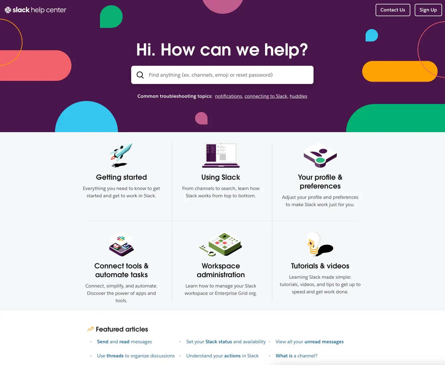 screenshot of slack help center homepage, knowledge base articles