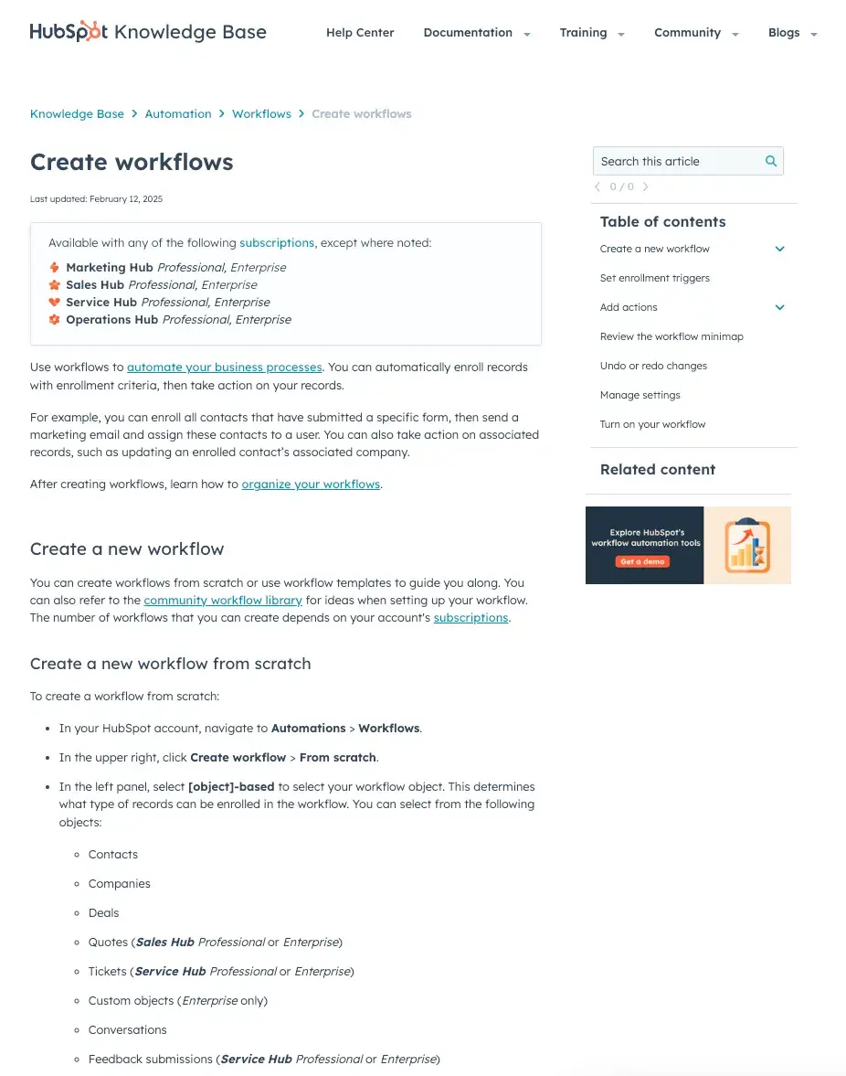 screenshot of hubspot knowledge base article on creating workflows, knowledge base articles