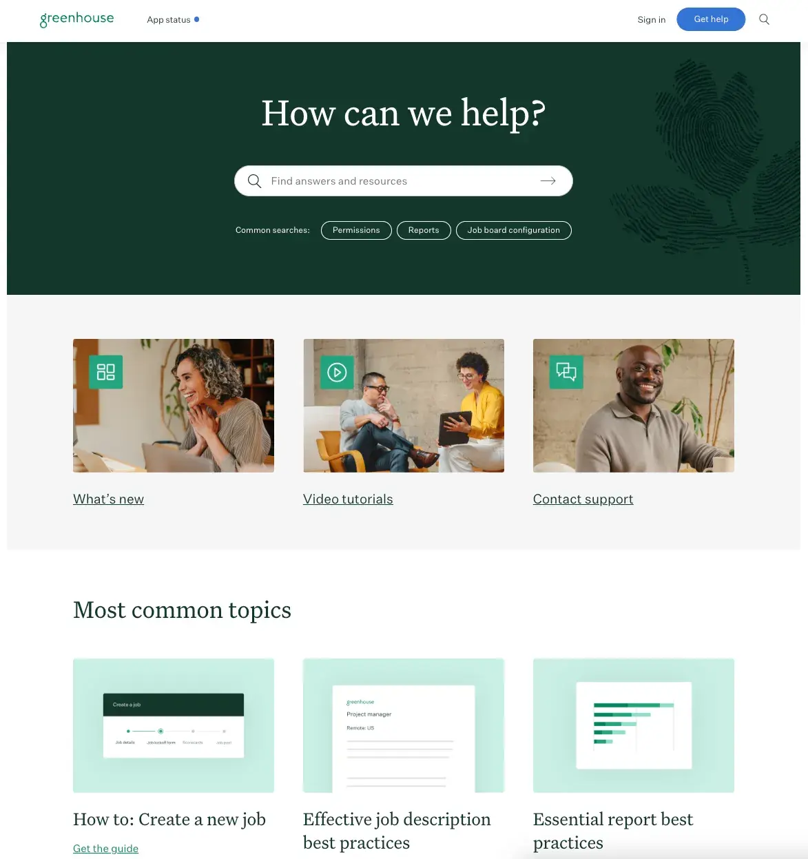 screenshot of greenhouse software knowledge base homepage, knowledge base articles