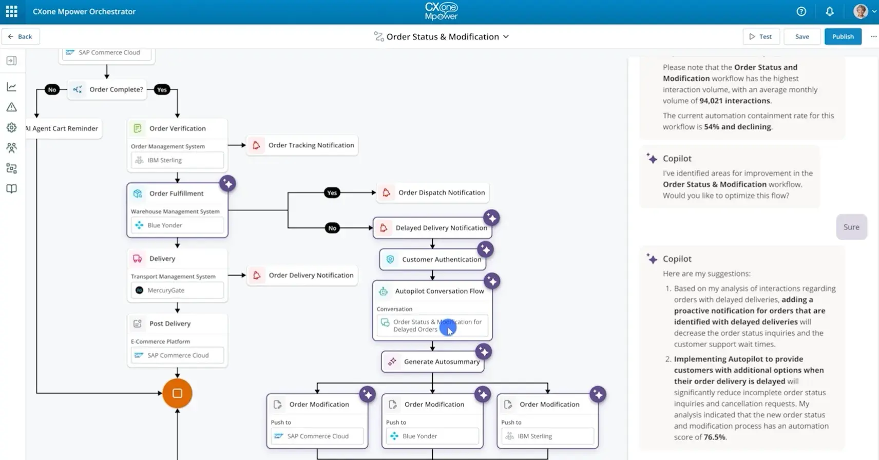 ai agent from cxone mpower showing suggestions for workflow and process improvements