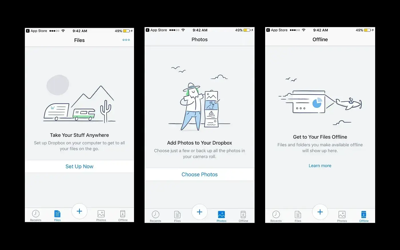 customer onboarding steps, screens designed to offset empty states in app