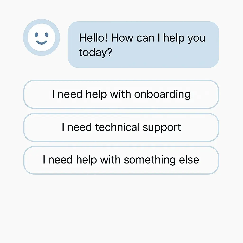 chatbot screen with buttons for specific topic-related user questions to help with customer onboarding
