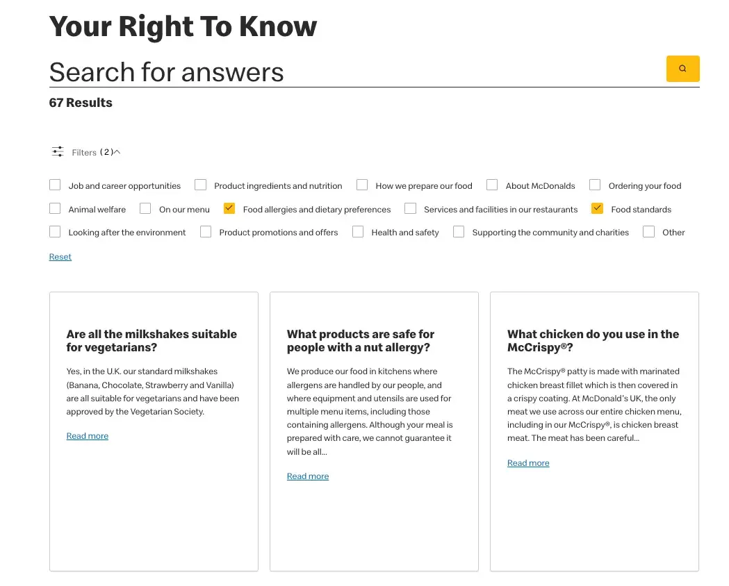 faq page examples, mcdonalds uk