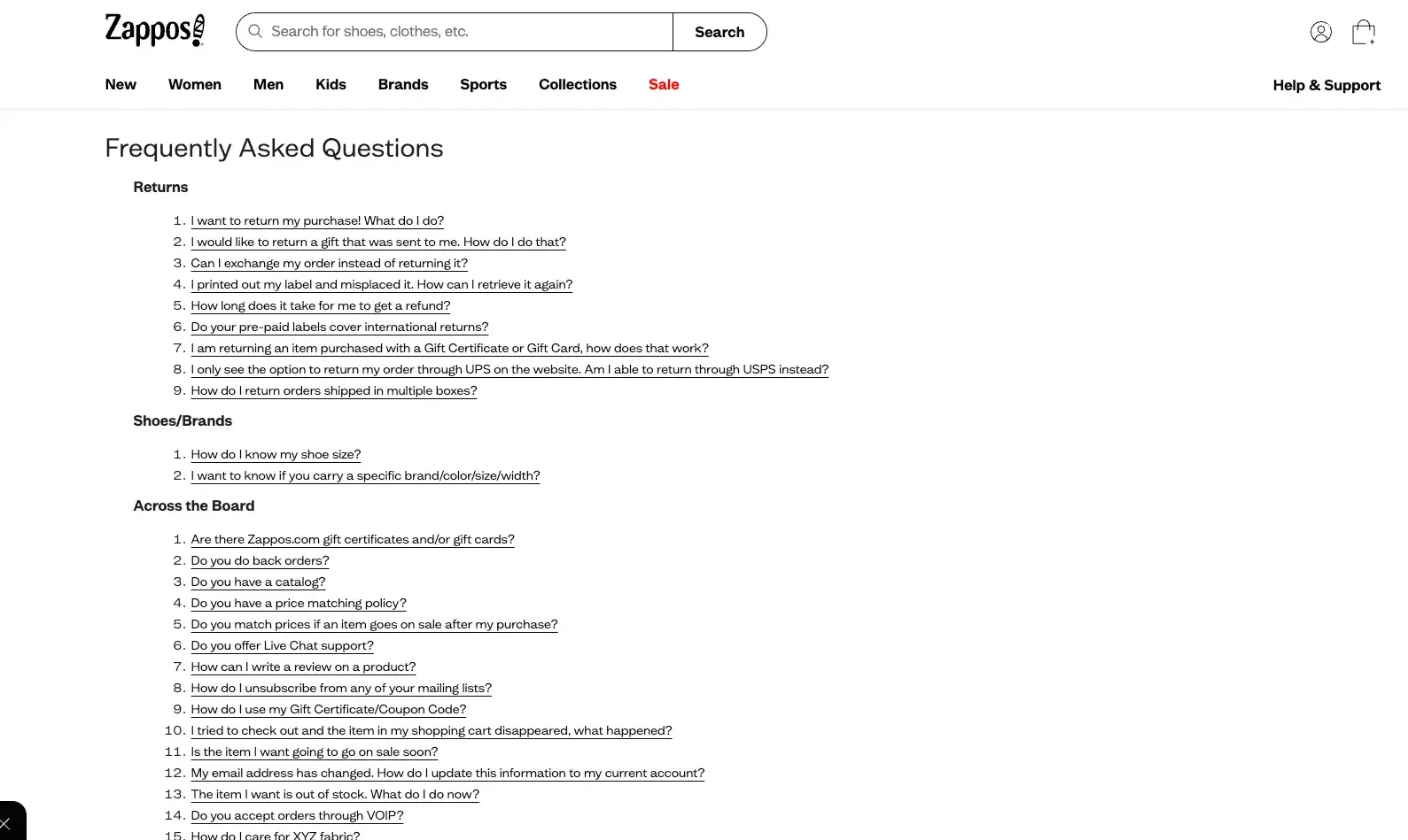 faq page examples, zappos
