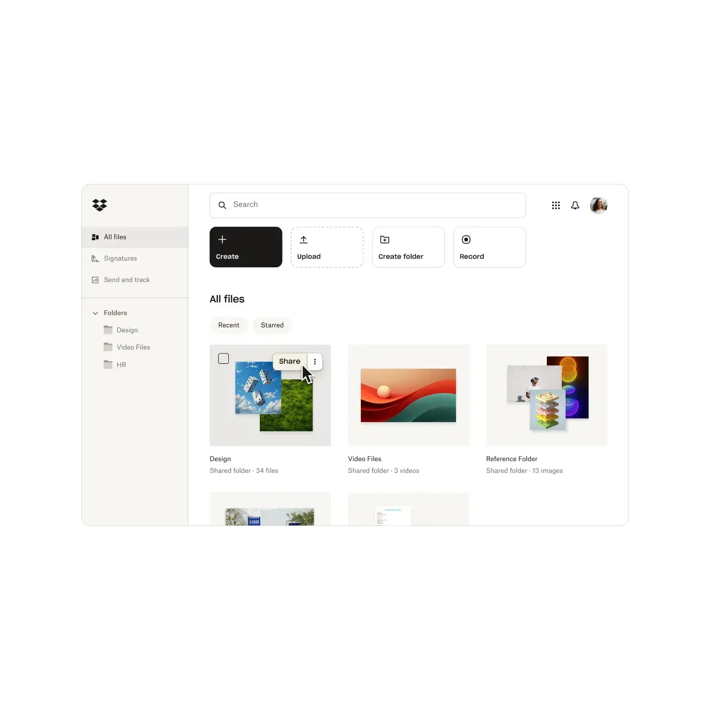 team collaboration, dropbox interface showing shared folders and the file sharing menu for organizing and collaborating on design and video assets.