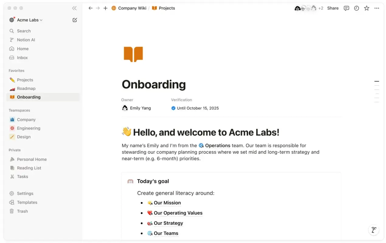 team collaboration, notion onboarding page for a company wiki with sections on mission, values, strategy, and team structure.