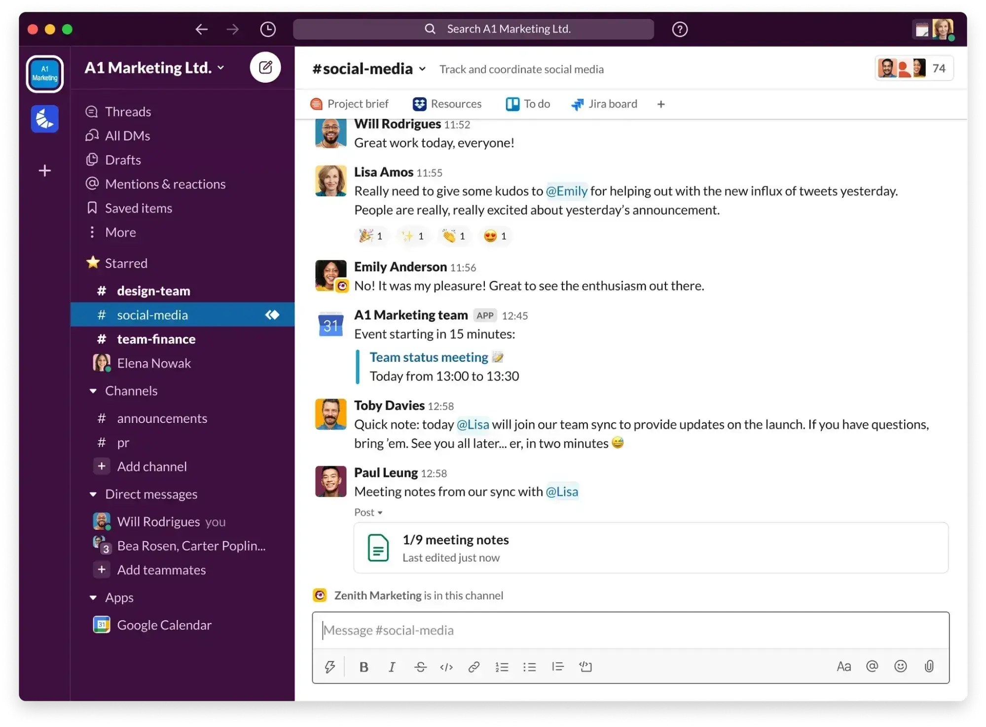 team collaboration, slack interface showing a team coordinating a social media campaign with messages, meeting reminders, and shared resources in a project channel.