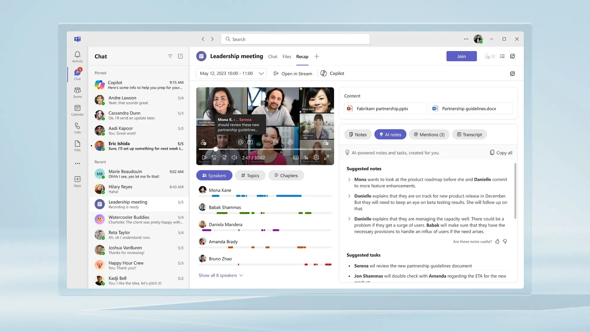 team collaboration, microsoft teams interface showing a leadership meeting with live video, shared files, and ai-generated meeting notes and tasks.