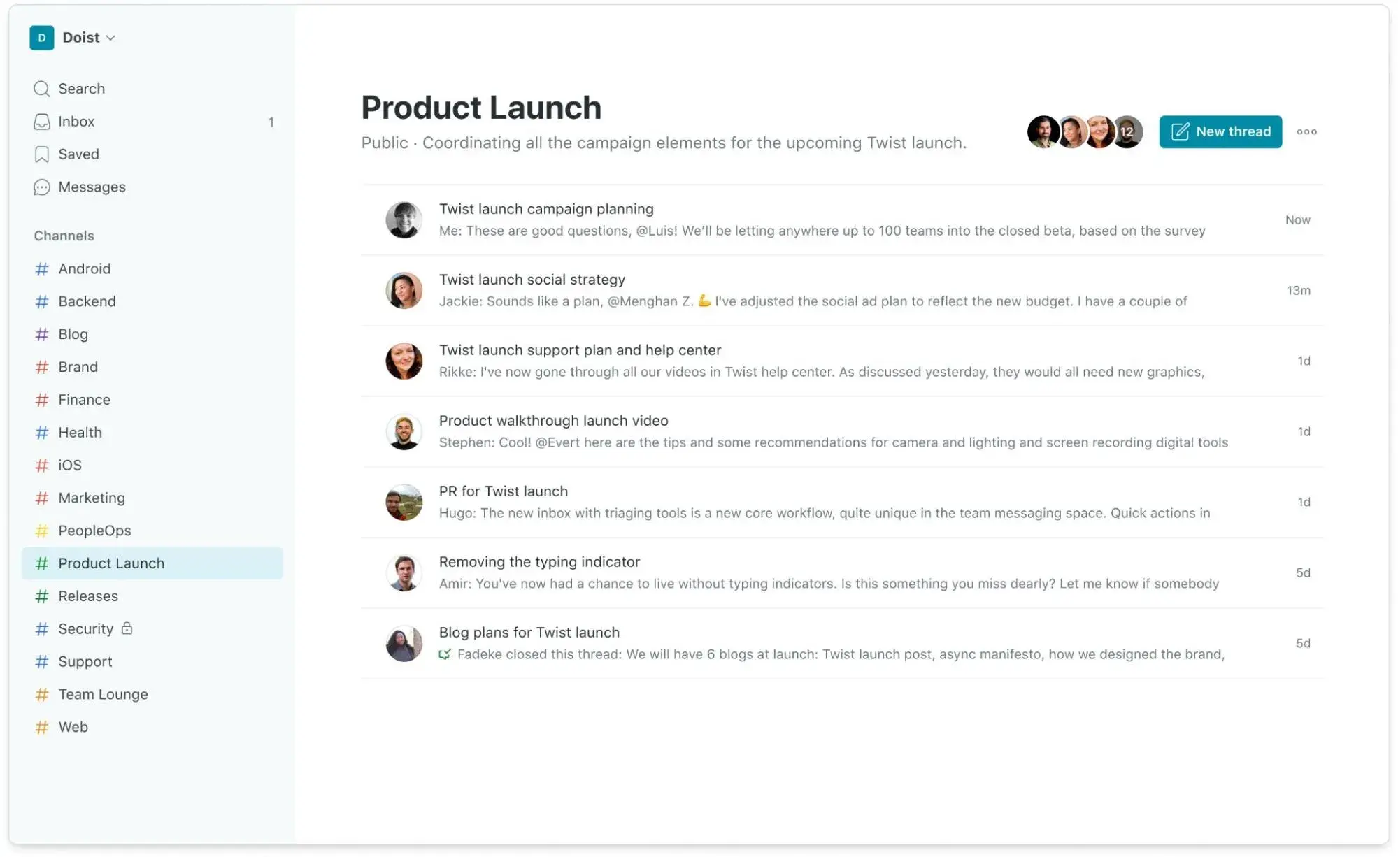 team collaboration, twist interface showing a threaded discussion view for a product launch channel with messages organized by topic.