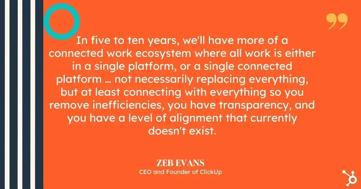 team collaboration, quote from clickup ceo zeb evans on the future of a connected work ecosystem.