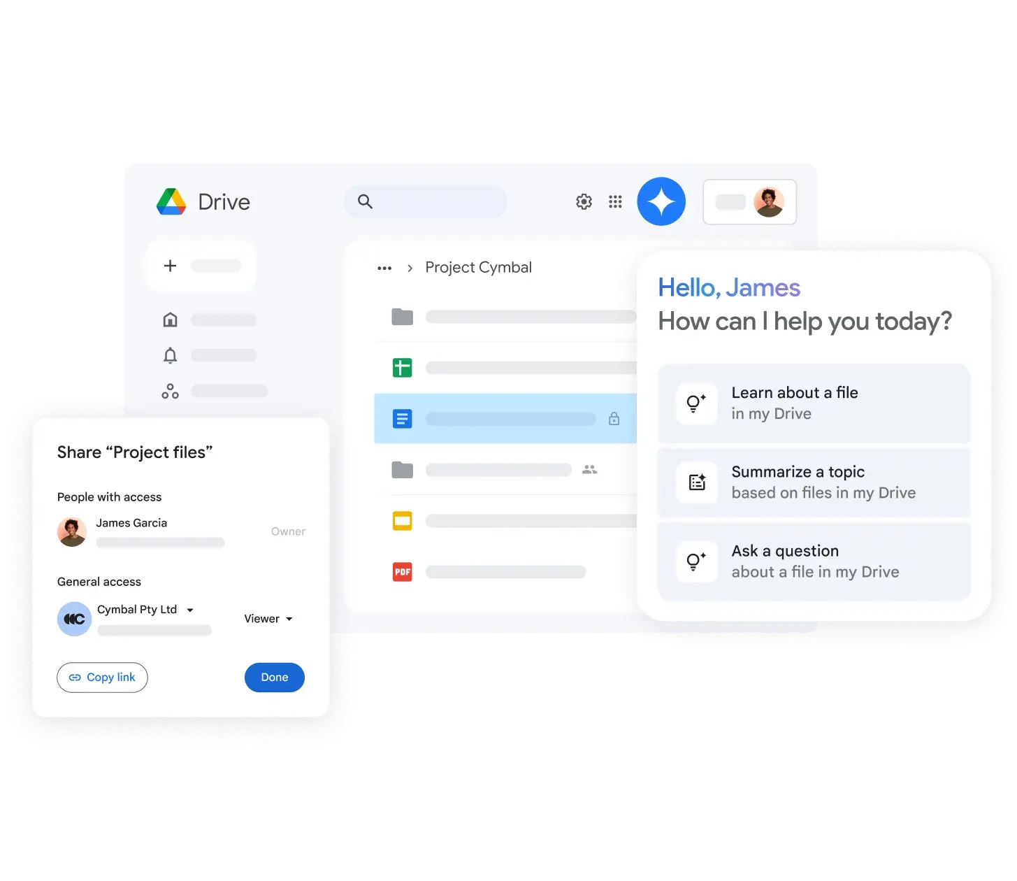 team collaboration, updated google drive interface with file sharing options and ai-powered help features like file summaries and topic search.