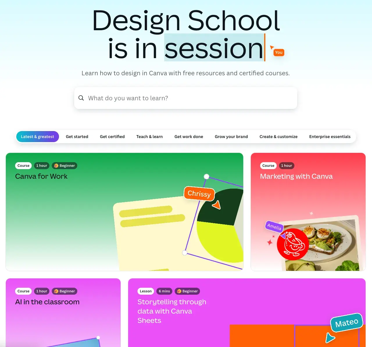 canva design school main page, customer education program