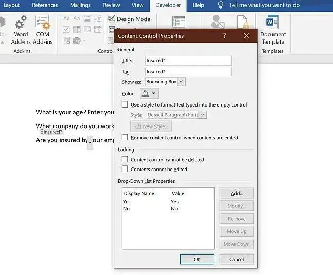 creating a survey, microsoft word content control