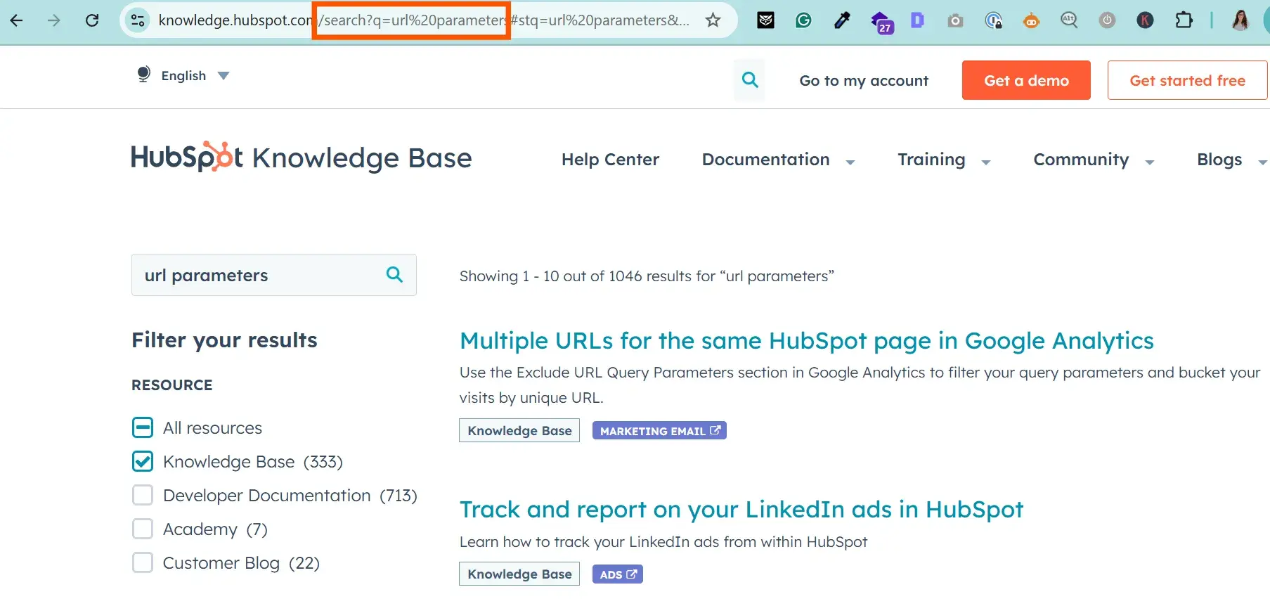 screenshot from hubspot’s seo knowledge base shows what the url parameter looks like.