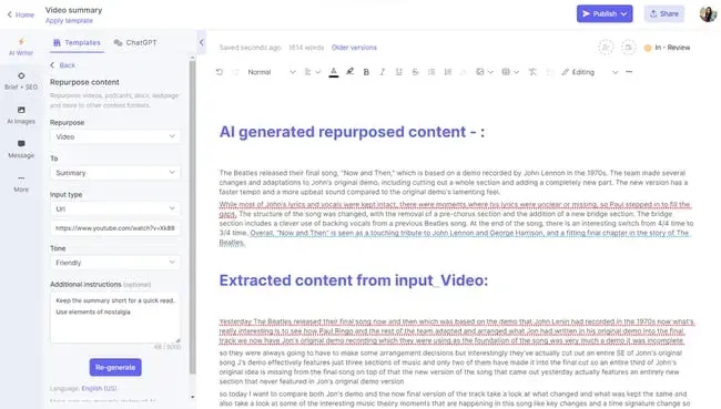 screenshot of ai content repurposing tool