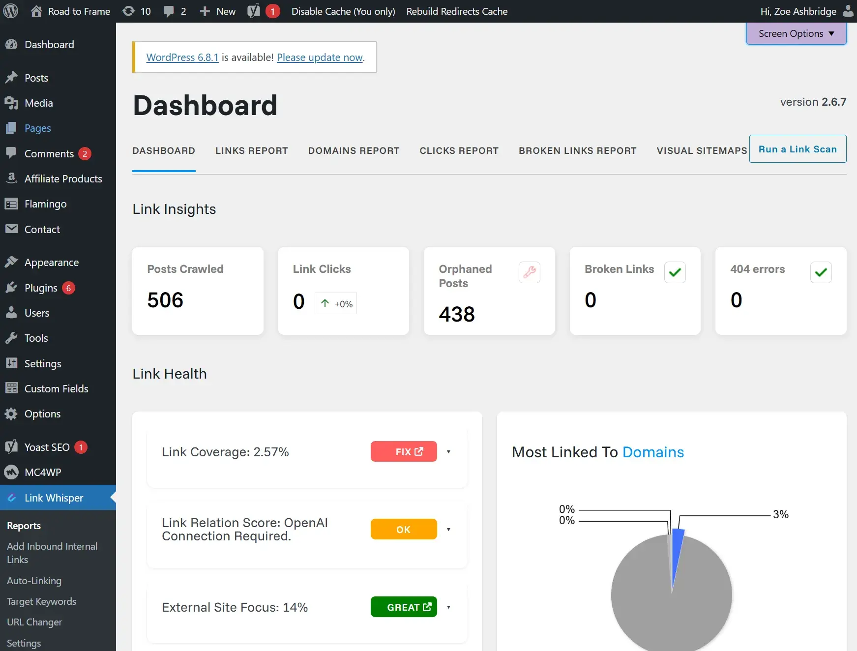 screenshot of linkwhisper, an ai seo tool used on my blog for internal linking.