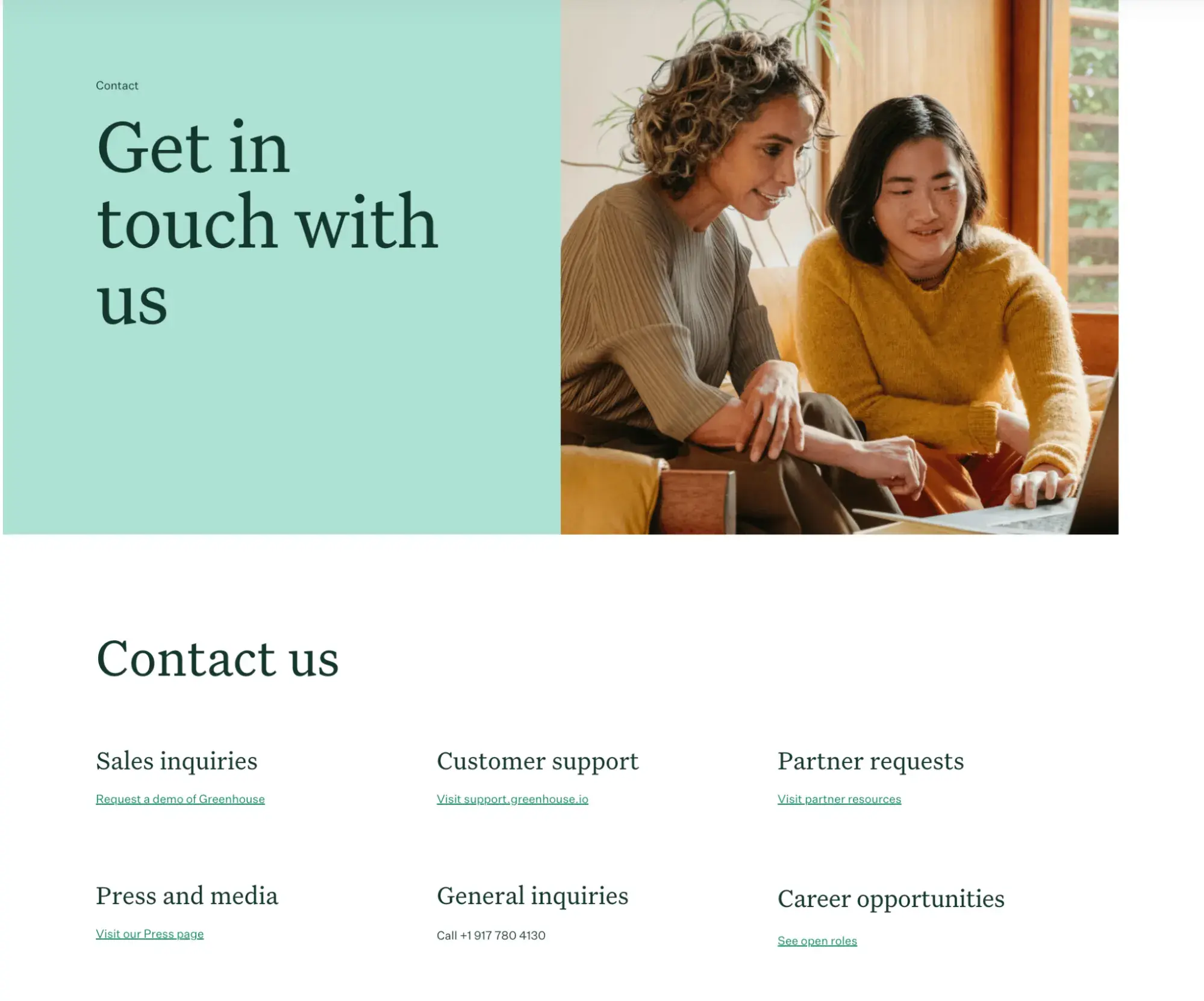 contact us page examples, greenhouse get in touch contact page