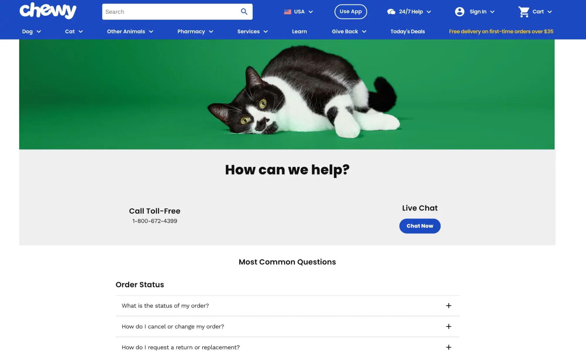 contact us page examples, chewy how can we help page