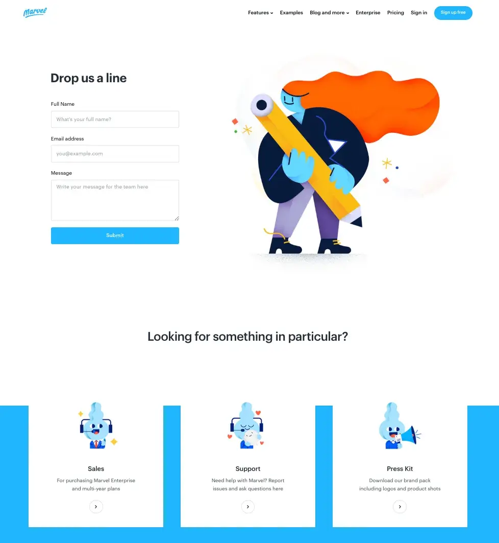 contact us page examples, marvel drop us a line page