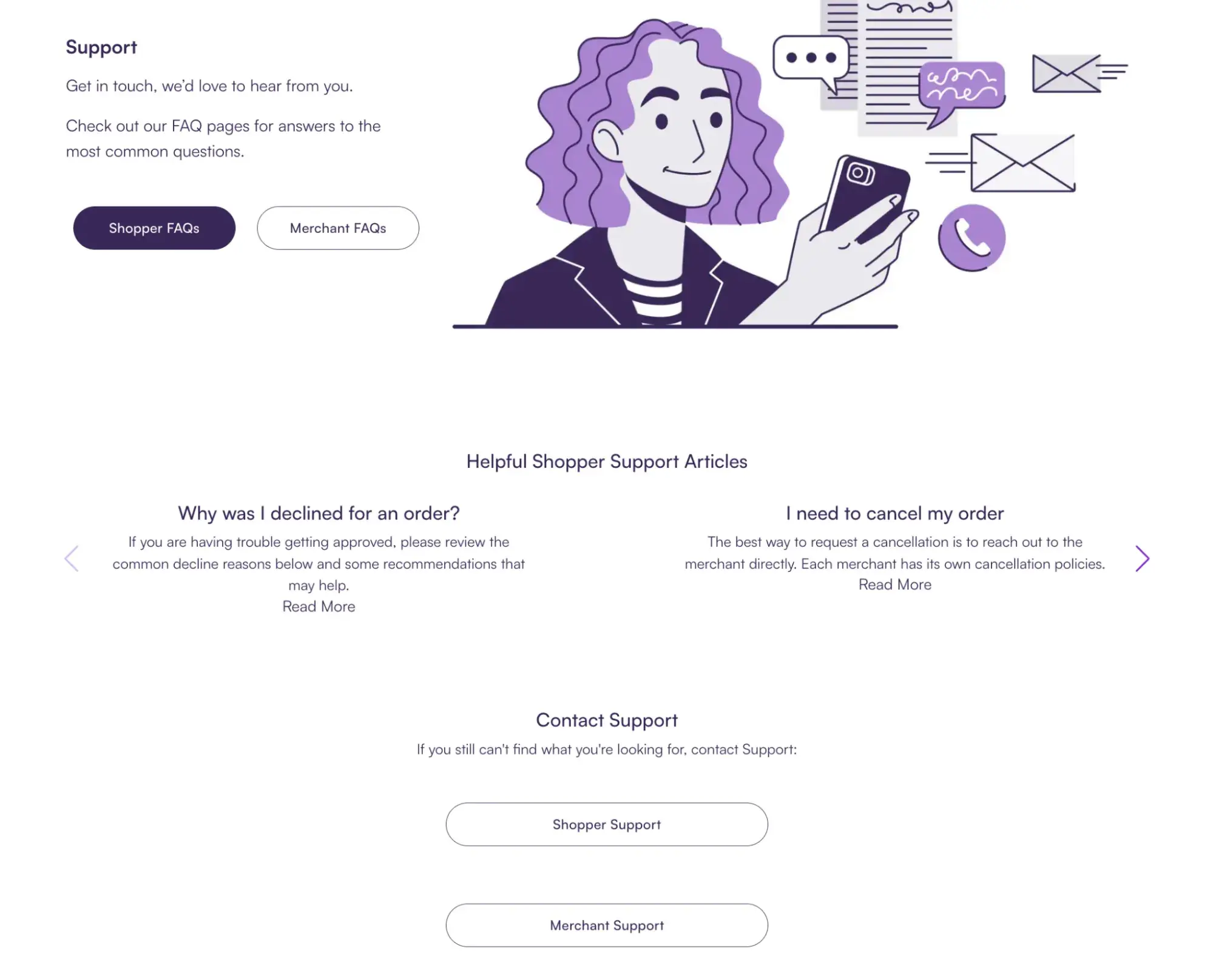 contact us page examples, sezzle contact page