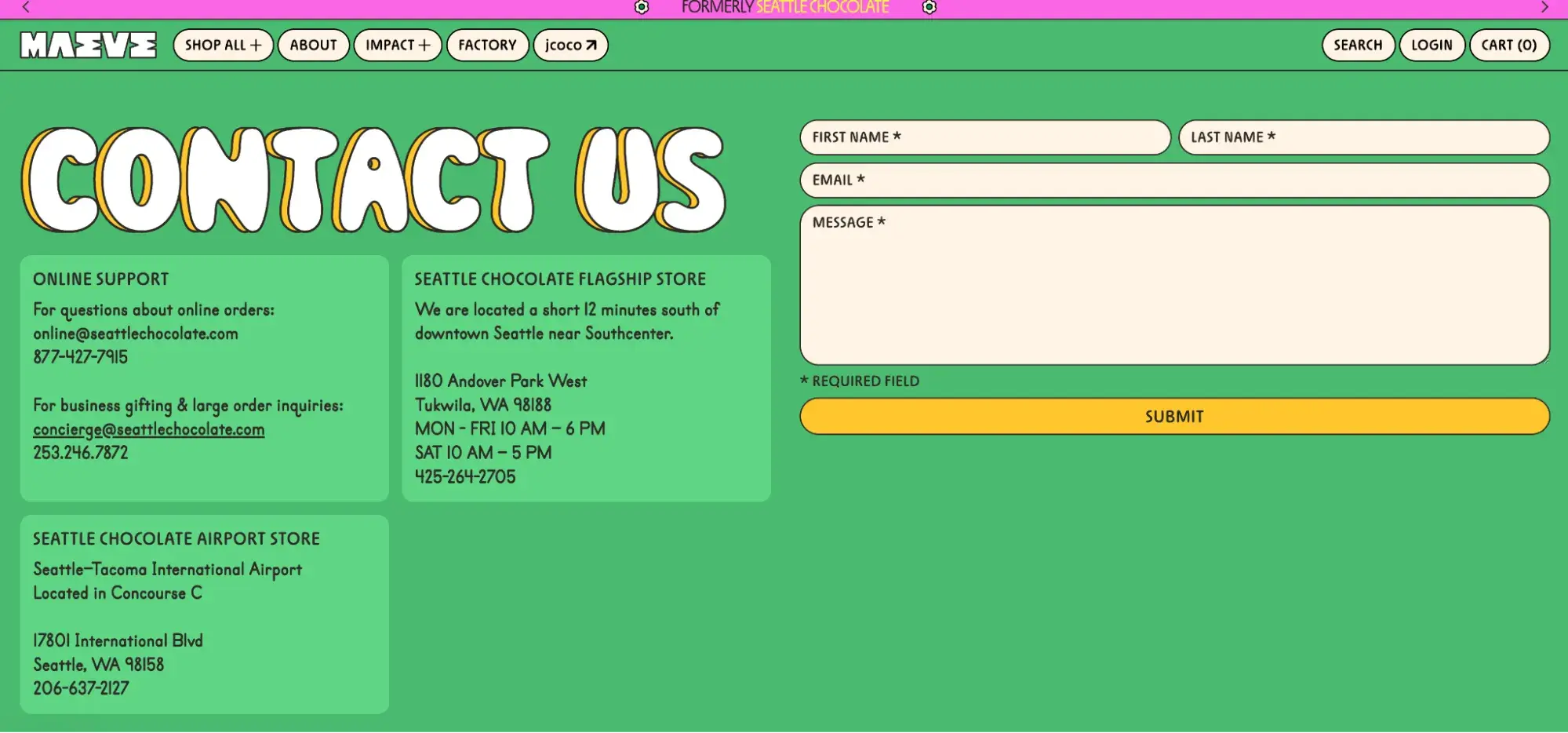 contact us page examples, maeve chocolate contact page