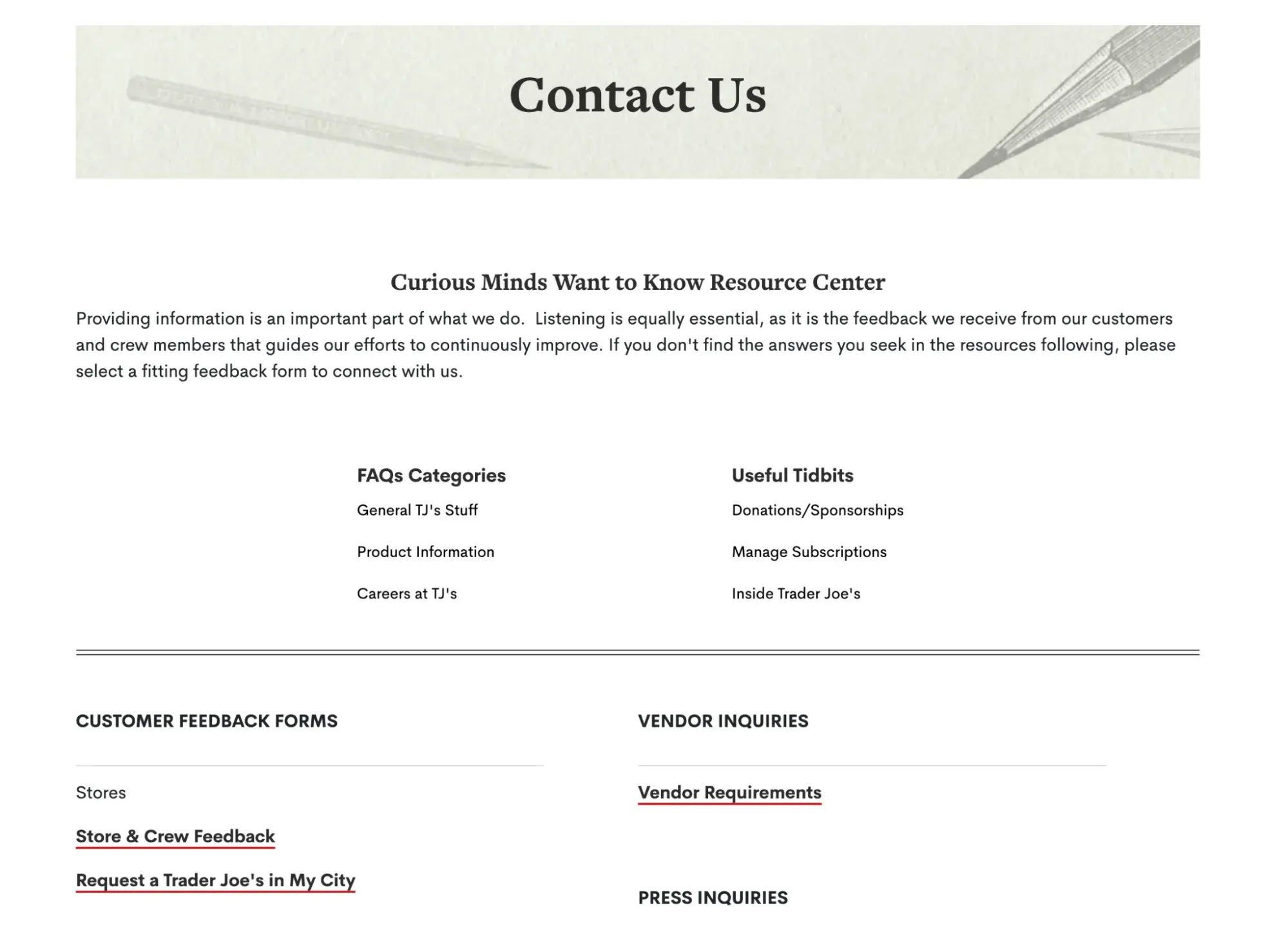 contact us page examples, trader joe’s contact page