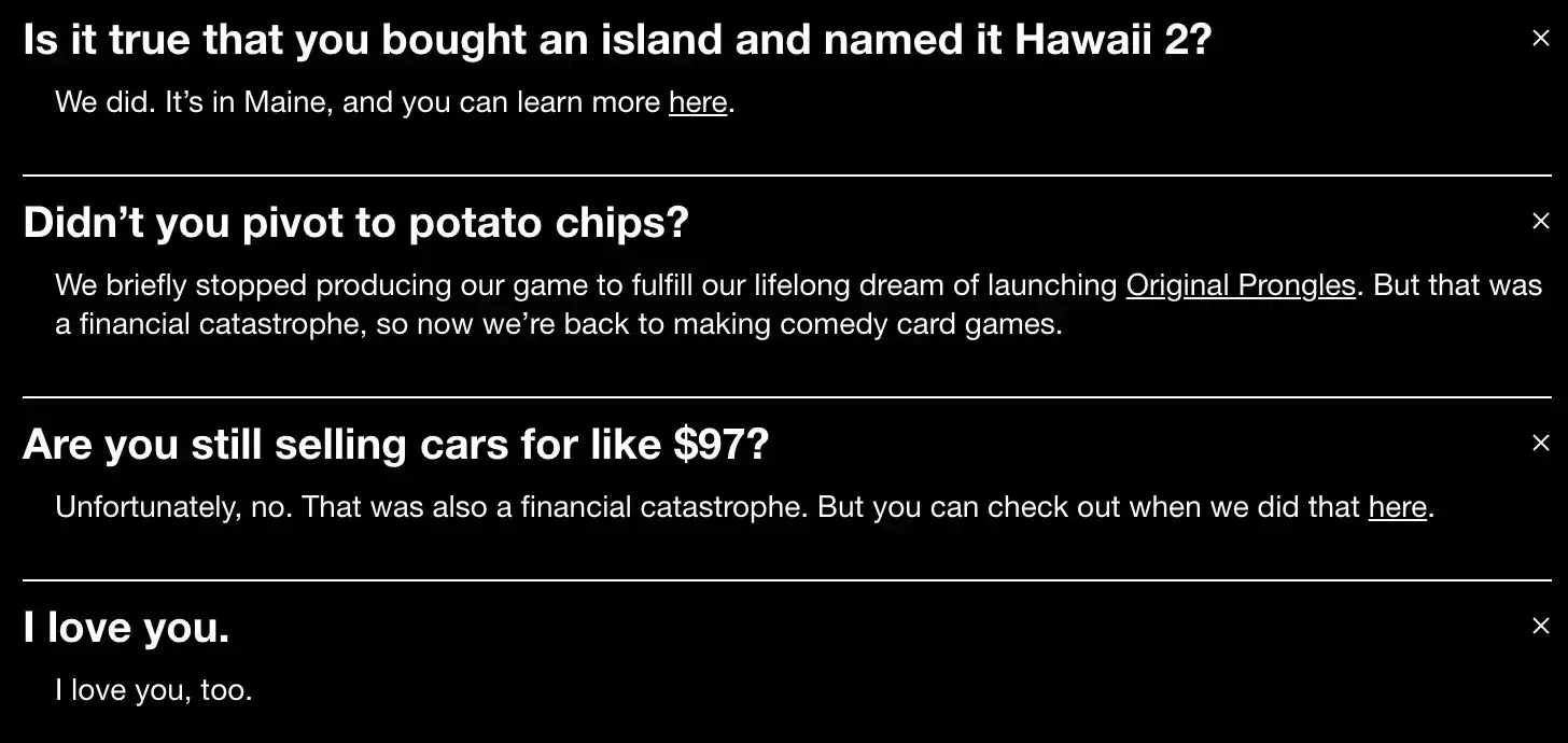 cards against humanity faq answers —  copywriting examples