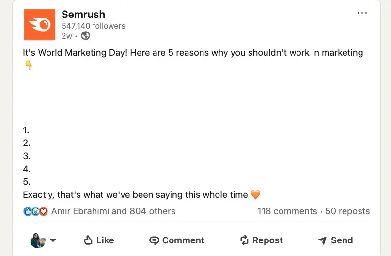 semrush copywriting examples on linkedinhttps://www.linkedin.com/posts/semrush_its-world-marketing-day-here-are-5-reasons-activity-7333144352552022016-d5gy?utm_source=share&utm_medium=member_desktop&rcm=acoaaconqaabpdymt20v3n1oadupx_yzeeyqwfe
