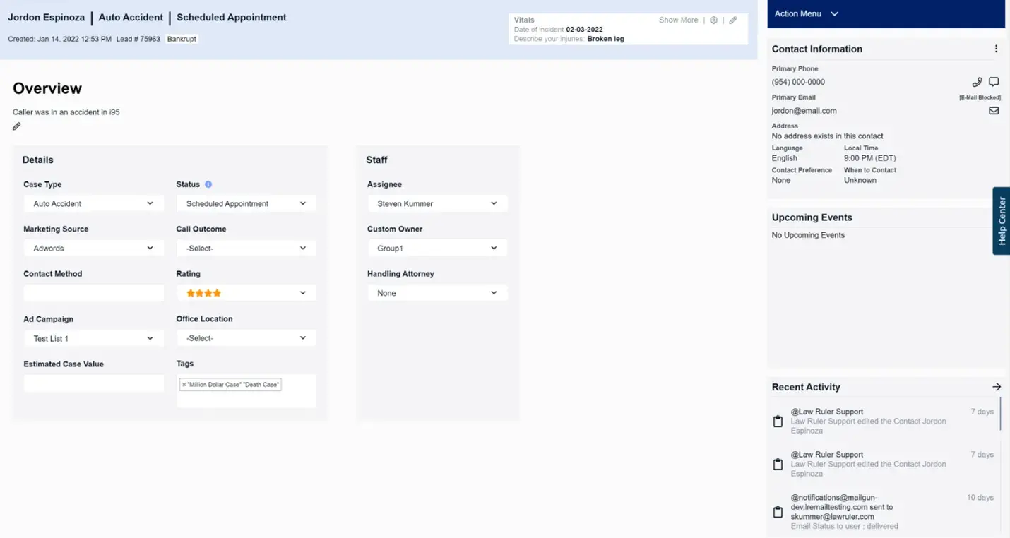 a screenshot of law ruler’s CRM user interface