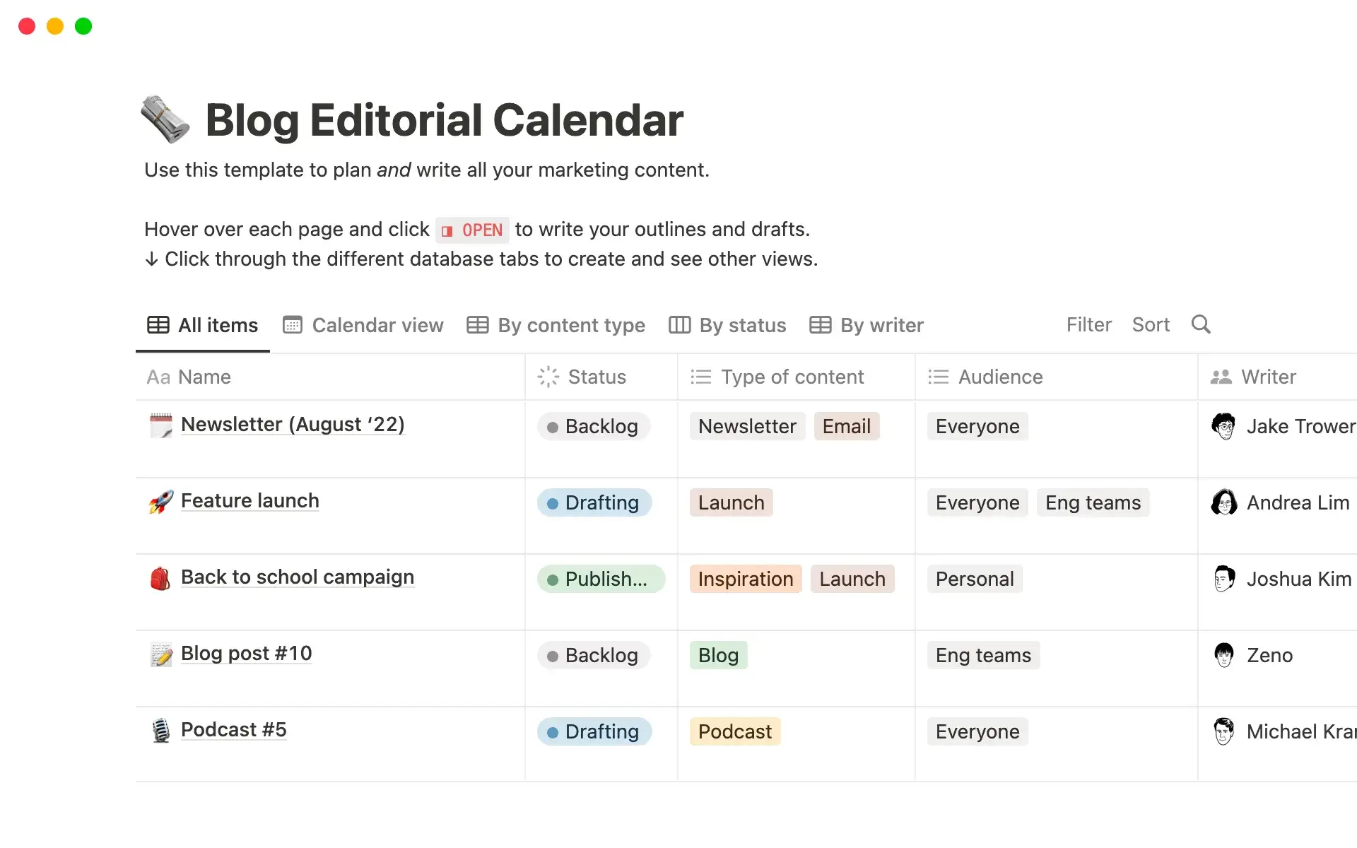 editorial calendar template, notion