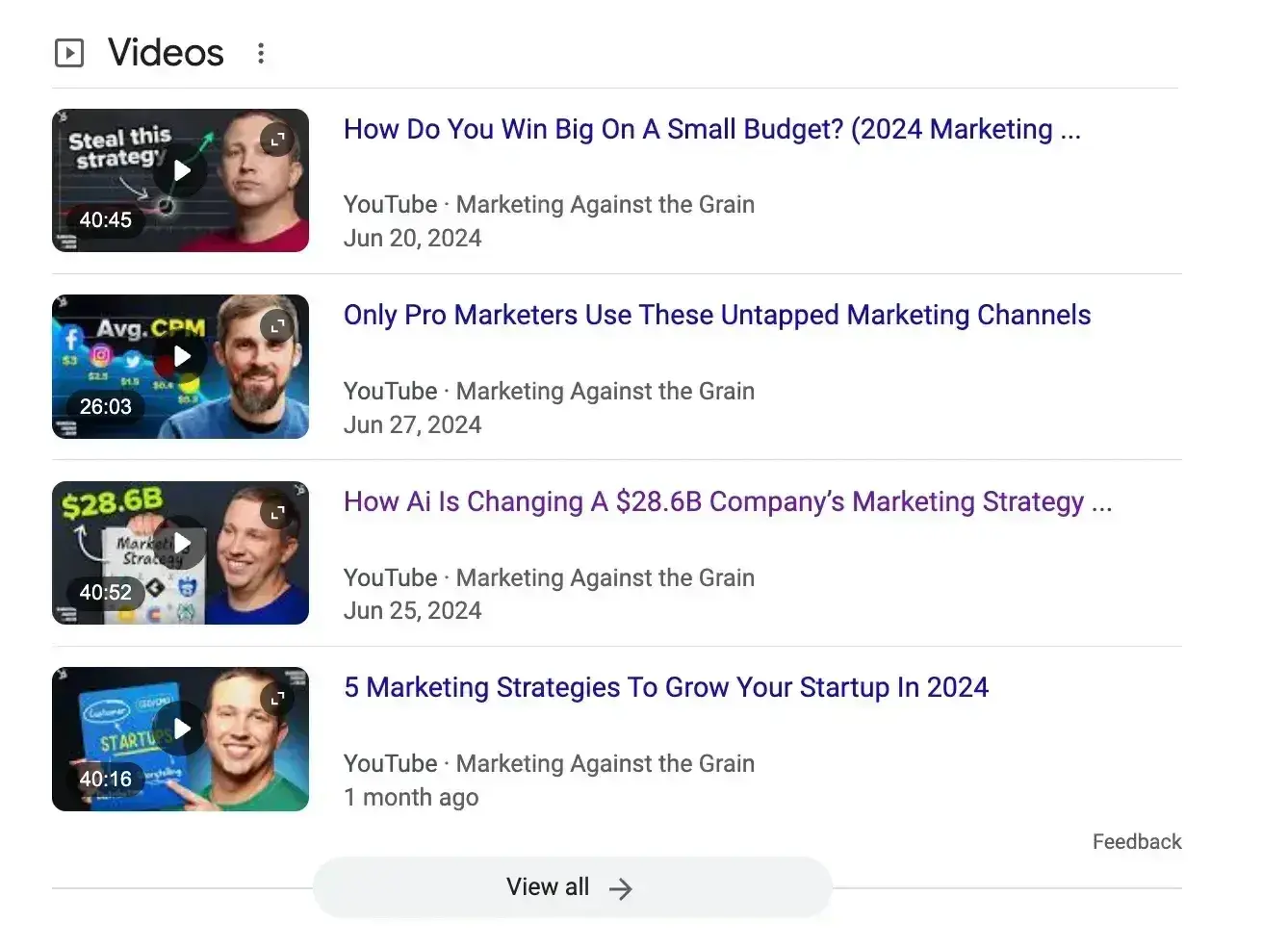 screen grab of video snippets for keyword research