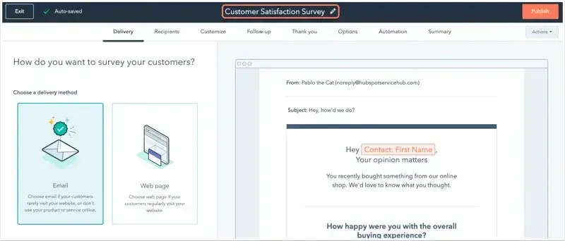 hubspot’s customer satisfaction survey building tool