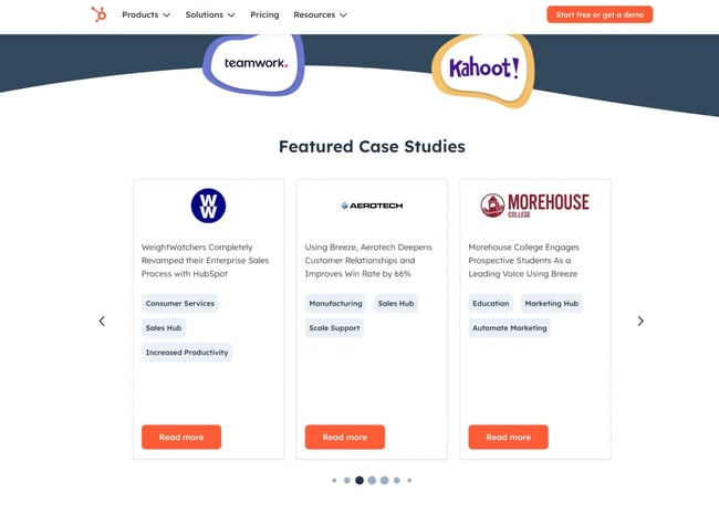 hubspot’s featured case studies, testimonial page examples