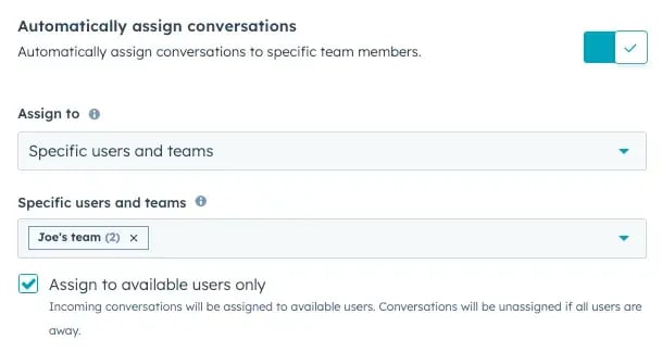 image from HubSpot’s Service Hub, which shows how you can automatically route D2C support conversations to specific users and teams 