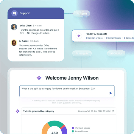 customer service software for enterprises freshdesk mobile chat showing customer support assisting with order updates and adding a gift note.