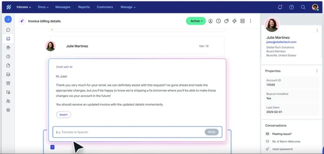 customer service software for enterprises help scout inbox displaying an email exchange about updating invoice billing details with a customer. an agent is replying.