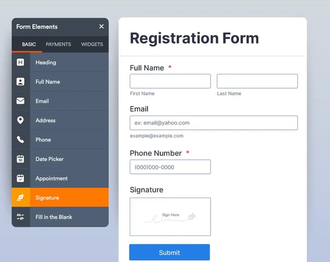 jotform – form builder interface for creating a registration form, demonstrating automated data collection software