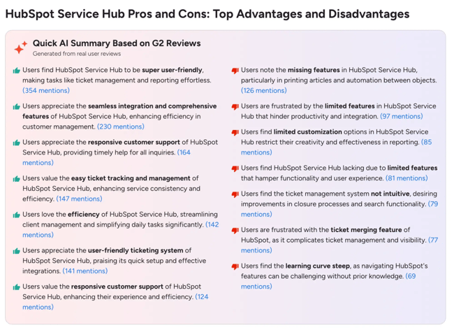 pros and cons summary from hubspot service hub g2 reviews