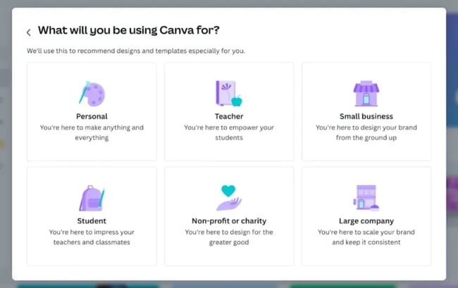 screenshot of canva asking “what will you be using canva for?” with six selectable options: personal, teacher, small business, student, non-profit or charity, and large company. each option includes a small icon and a short description, personalized customer experience.