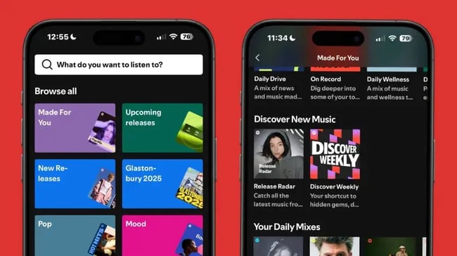 two smartphone screens showing spotify’s personalized interface. the left screen displays category tiles like “made for you,” “upcoming releases,” and “mood.” the right screen shows the “made for you” tab with sections such as discover weekly and release radar, personalized customer experience.