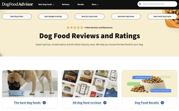 best affiliate programs example — dog food advisor homepage with product reviews and ratings demonstrating niche affiliate site strategy