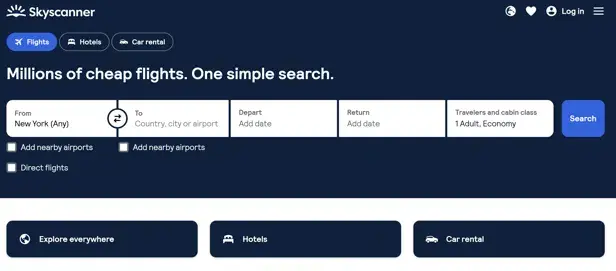 best affiliate programs for travel — skyscanner affiliate site homepage for flight and travel comparison content monetization