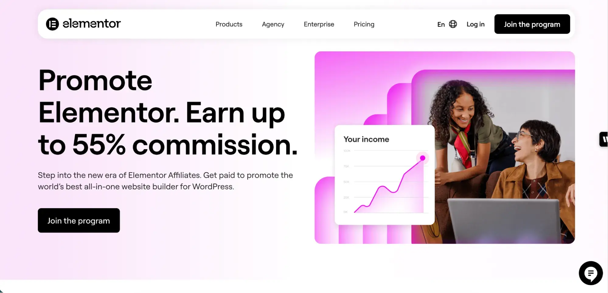 best affiliate programs for creators — elementor affiliate program homepage promoting up to 55% commission for referring wordpress website builder customers