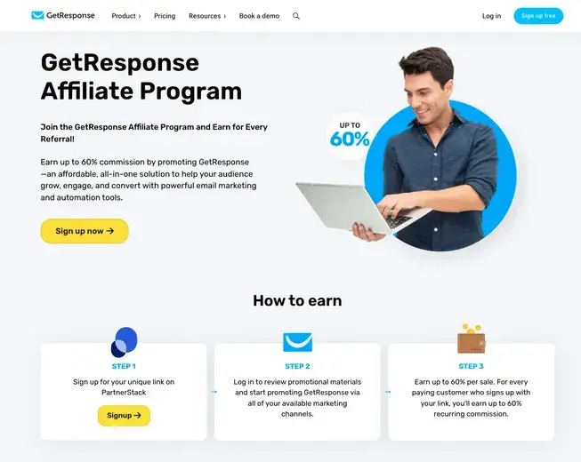 best affiliate programs for email marketing — getresponse affiliate program homepage with commission tiers and recurring revenue details