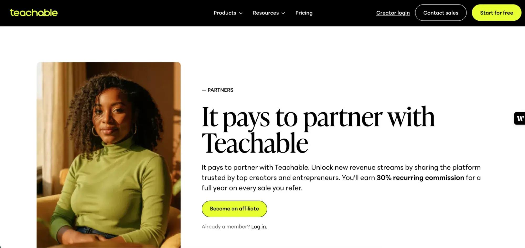 best affiliate programs for online education — teachable affiliate partner program page showing 30% recurring commission for a full year on every referral