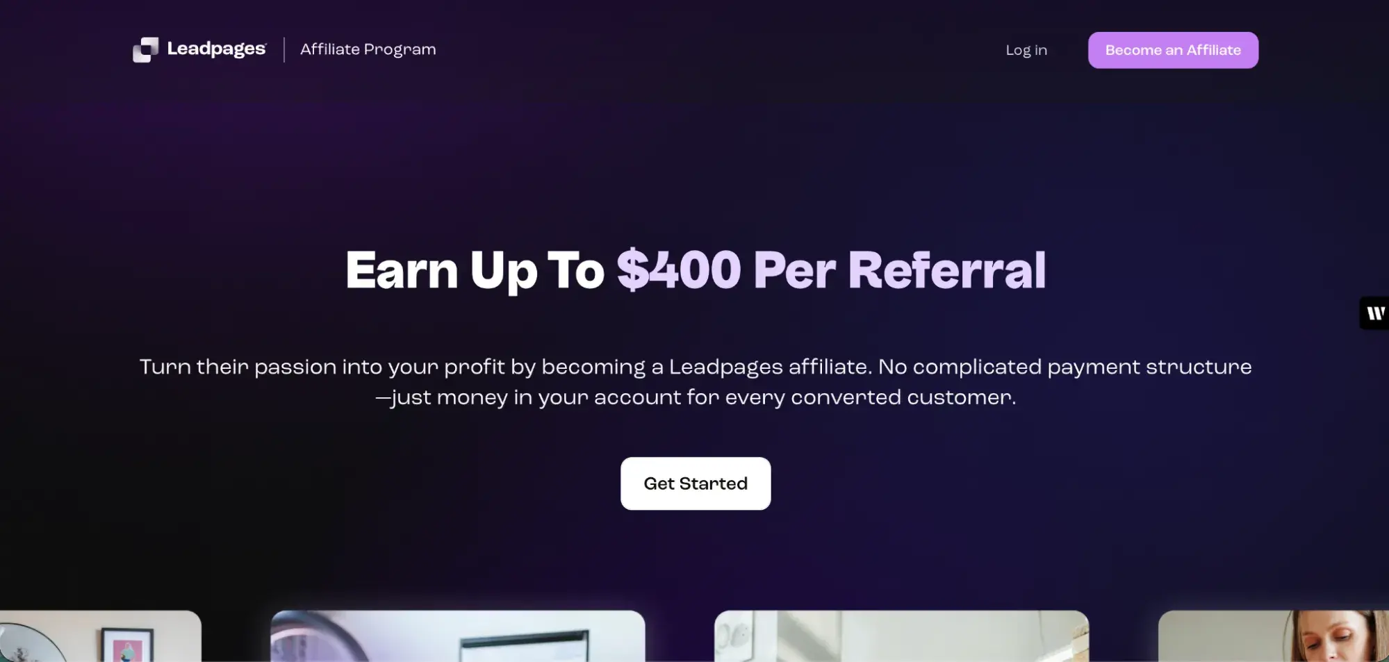 best affiliate programs for marketers — leadpages affiliate program page promoting up to $400 per referral with straightforward commission structure