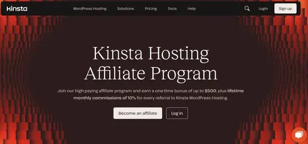 best affiliate programs for web hosting — kinsta affiliate program page with commission tiers for referring managed wordpress hosting customers